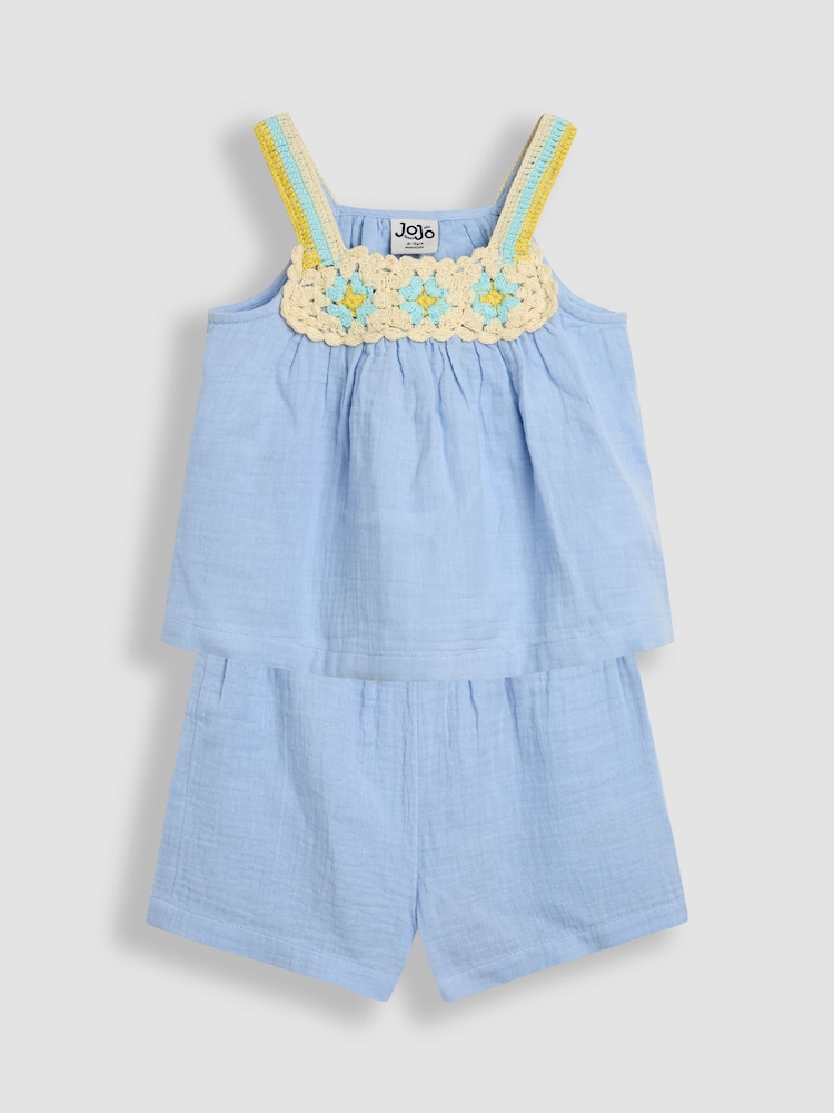 JoJo Maman Bébé Blue Floral Crochet Cheesecloth Top and Shorts Set 2 Piece - Image 1 of 6 JoJo Maman Bébé Blue Floral Crochet Cheesecloth Top and Shorts Set 2 Piece - Image 1 of 6