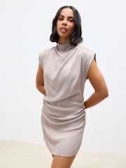 Taupe Brown High Neck Shoulder Pad Rouched Mini Dress - Image 1 of 7