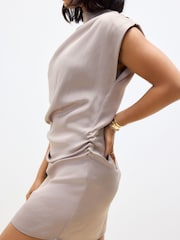 Taupe Brown High Neck Shoulder Pad Rouched Mini Dress - Image 4 of 7