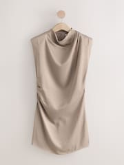 Taupe Brown High Neck Shoulder Pad Rouched Mini Dress - Image 5 of 7