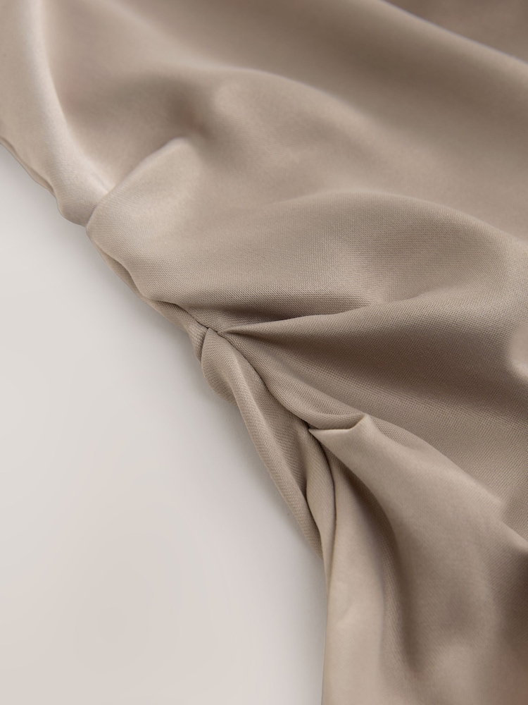 Taupe Brown High Neck Shoulder Pad Rouched Mini Dress - Image 7 of 7