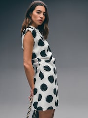 Mono Spot High Neck Shoulder Pad Rouched Mini Dress - Image 1 of 7