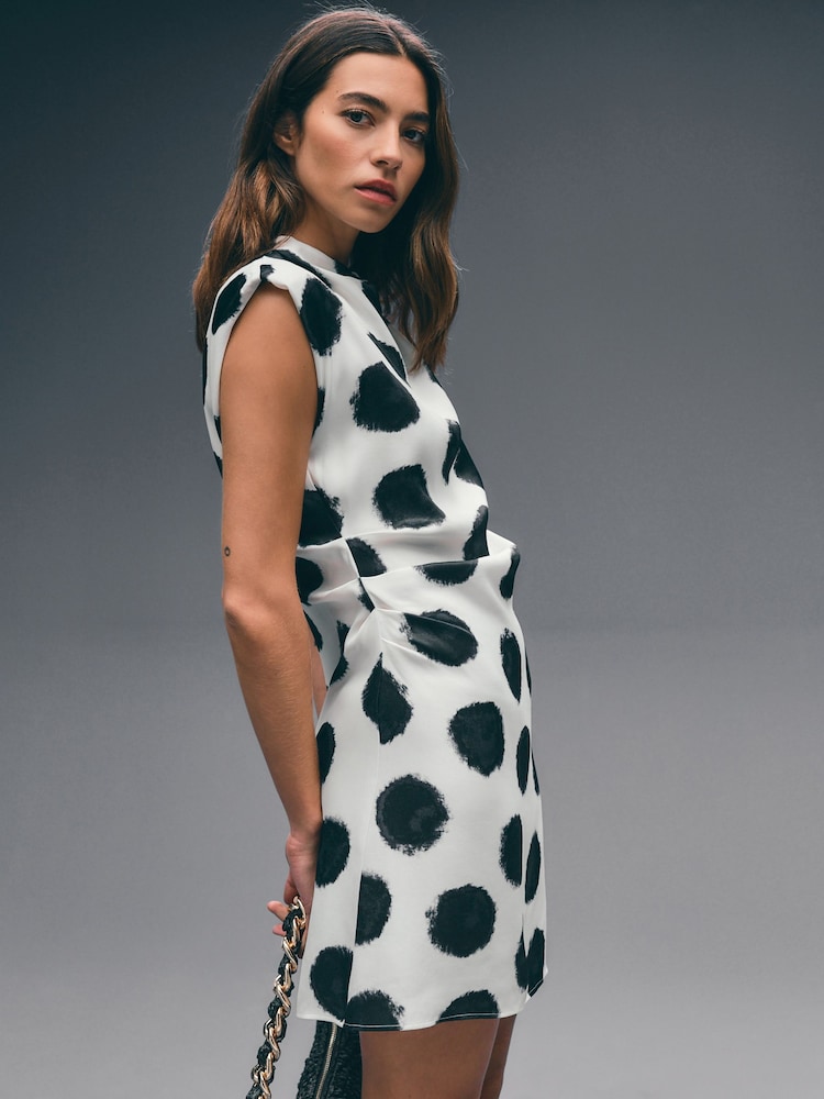 Mono Spot High Neck Shoulder Pad Rouched Mini Dress - Image 1 of 7