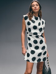 Mono Spot High Neck Shoulder Pad Rouched Mini Dress - Image 2 of 7