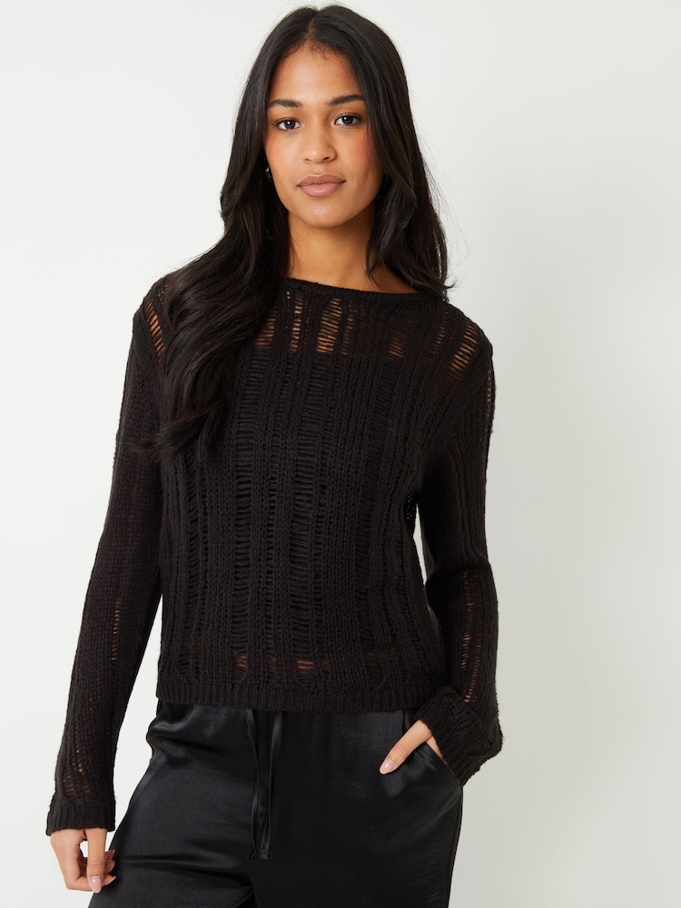 Threadbare Black Ladder Stitch Slash Neck Jumper - Image 1 of 5