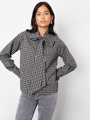 Threadbare Black Check Pussybow Detail Long Sleeves Shirt - Image 1 of 4