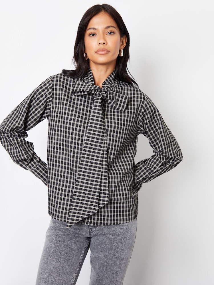 Threadbare Black Check Pussybow Detail Long Sleeves Shirt - Image 1 of 4