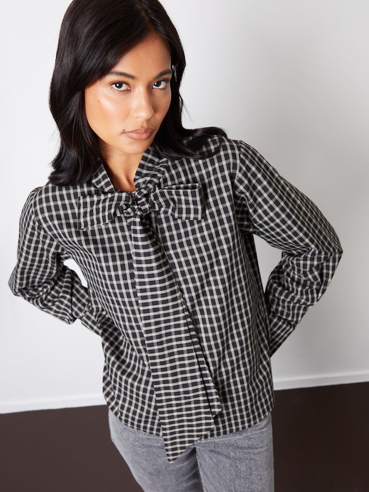 Threadbare Black Check Pussybow Detail Long Sleeves Shirt - Image 4 of 4