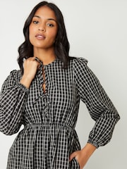 Threadbare Black Check Puff Sleeves With Pockets Midi Dress - Image 2 of 4