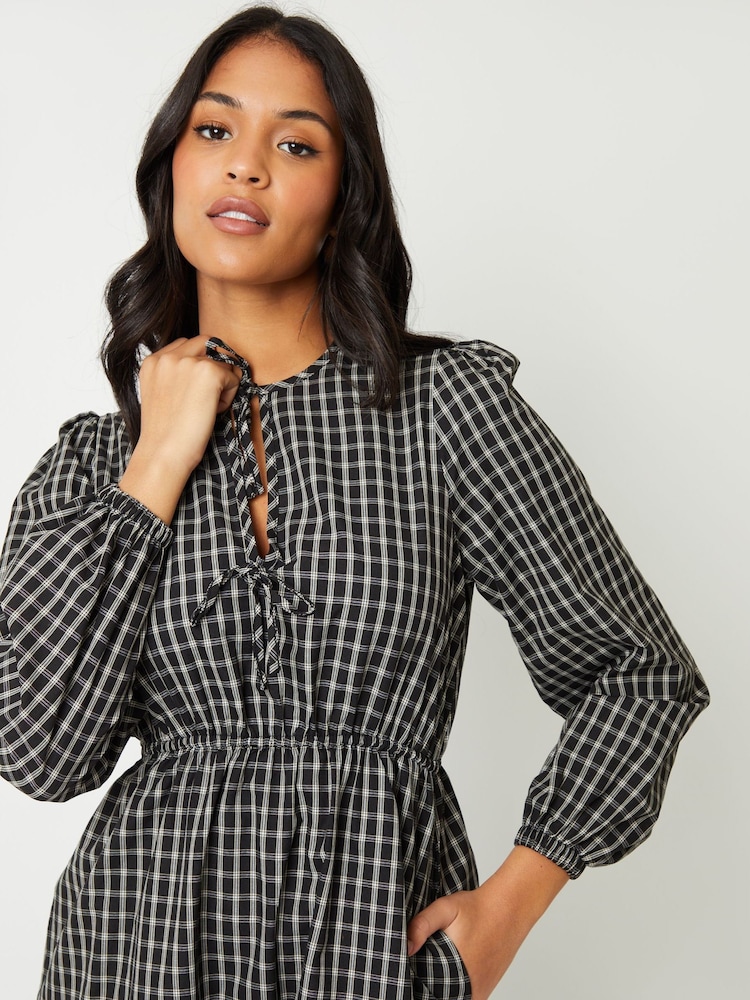 Threadbare Black Check Puff Sleeves With Pockets Midi Dress - Image 2 of 4