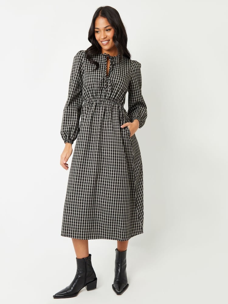 Threadbare Black Check Puff Sleeves With Pockets Midi Dress - Image 4 of 4