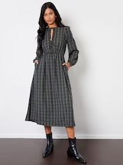 Threadbare Green Check Puff Sleeves With Pockets Midi Dress - Image 1 of 4