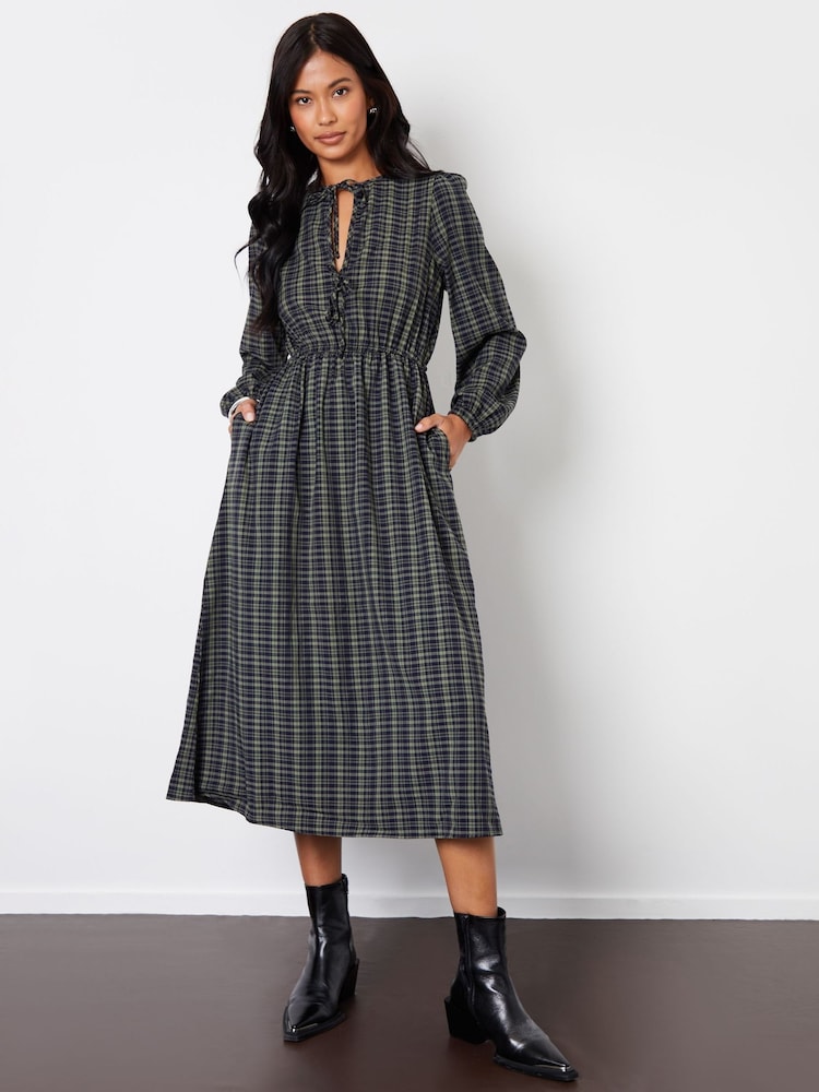 Threadbare Green Check Puff Sleeves With Pockets Midi Dress - Image 1 of 4