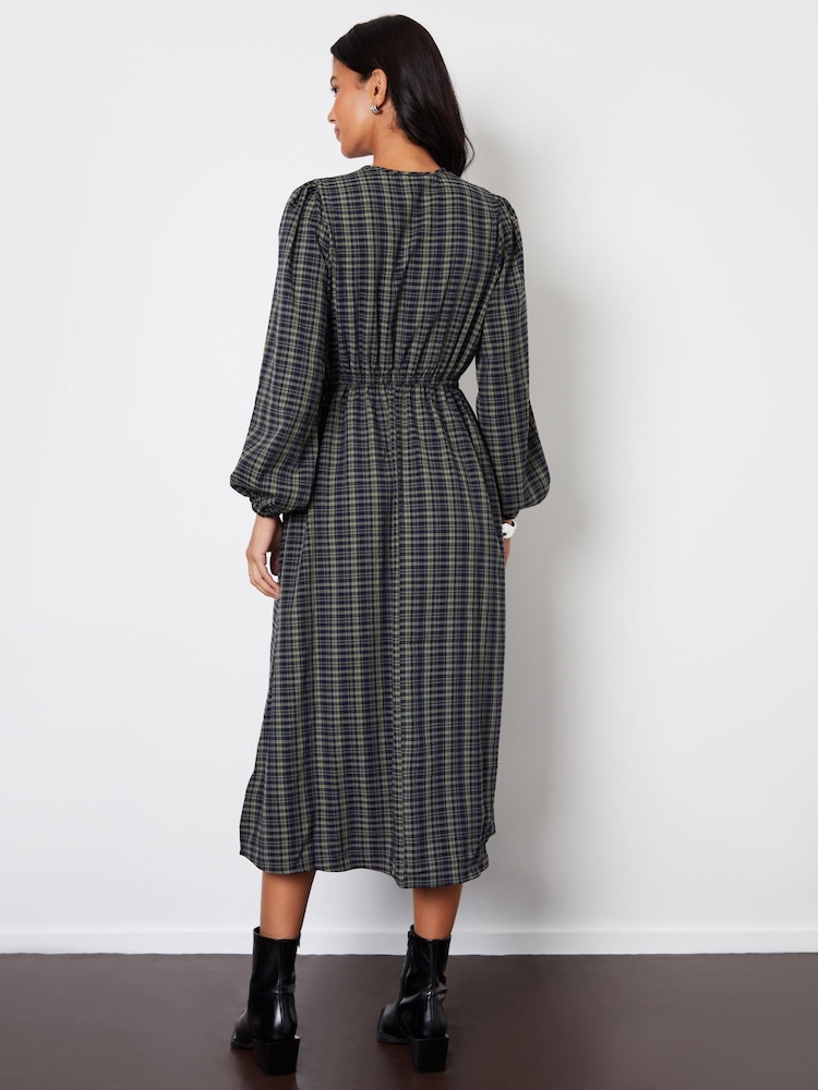Threadbare Green Check Puff Sleeves With Pockets Midi Dress - Image 2 of 4