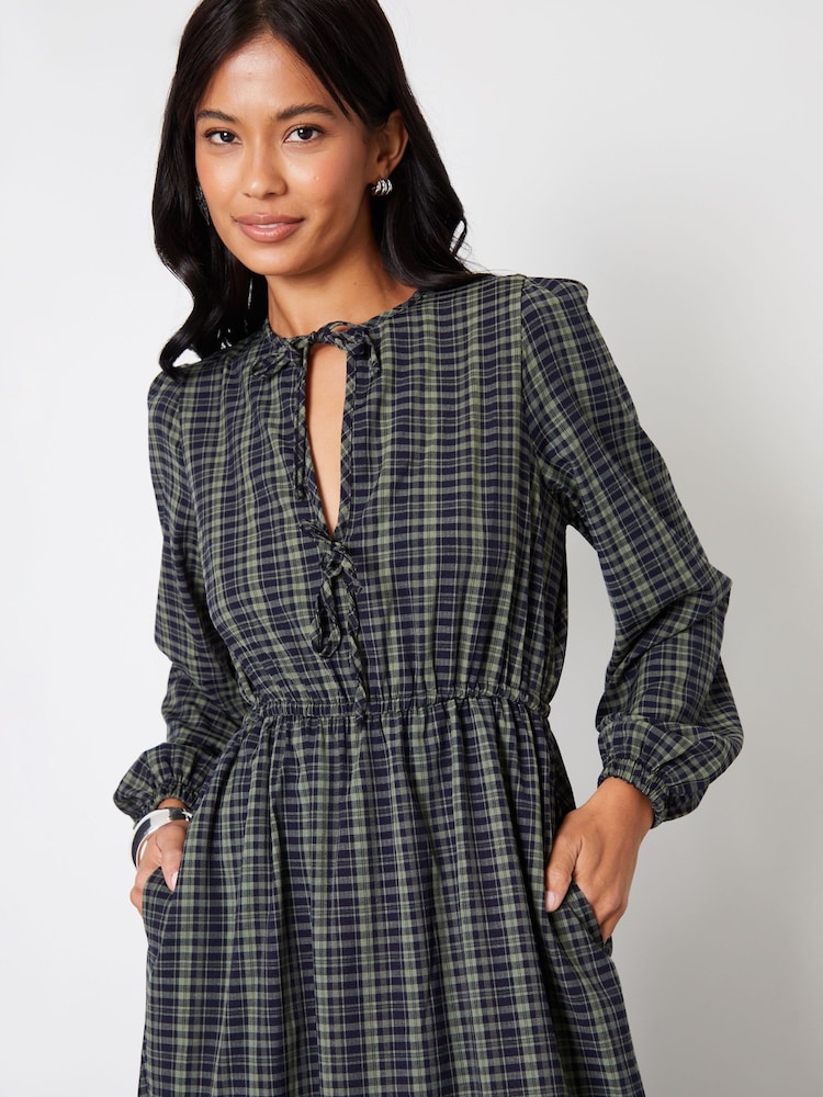 Threadbare Green Check Puff Sleeves With Pockets Midi Dress - Image 4 of 4