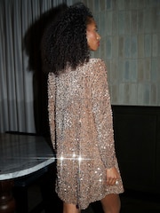 Threadbare Metallic Mini Sequin Velour V-Neck Long Sleeve Dress - Image 2 of 4