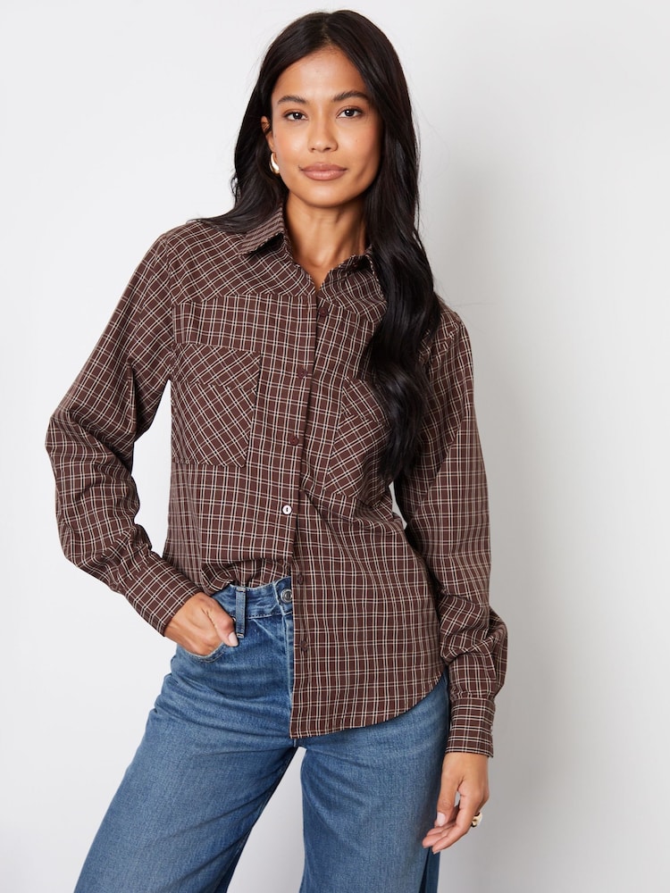 Threadbare Brown Boyfriend Long Sleeve Utility Shirt - Image 1 of 4