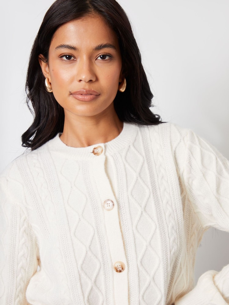 Threadbare Natural Crew Neck Cable Knit Cardigan - Image 4 of 4