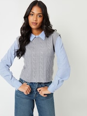 Threadbare Grey 2-in-1 Cable Knit Vest And Pinstripe Shirt - Image 1 of 4