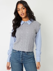 Threadbare Grey 2-in-1 Cable Knit Vest And Pinstripe Shirt - Image 2 of 4