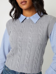 Threadbare Grey 2-in-1 Cable Knit Vest And Pinstripe Shirt - Image 4 of 4