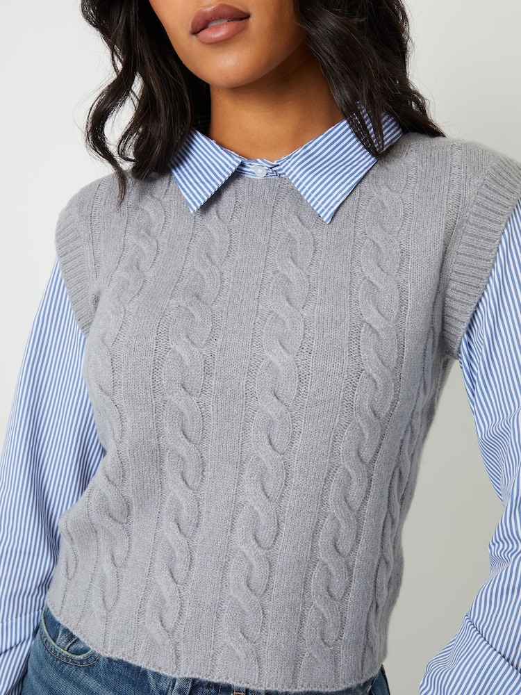 Threadbare Grey 2-in-1 Cable Knit Vest And Pinstripe Shirt - Image 4 of 4