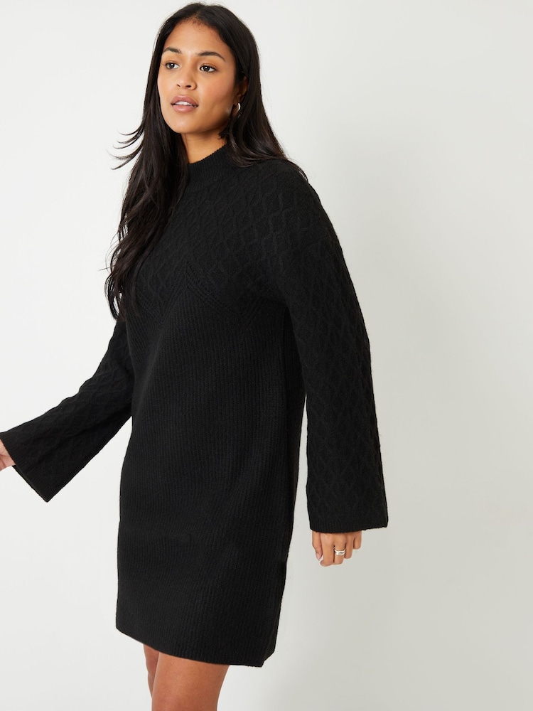Threadbare Black Cable Sleeve Knitted Jumper Dress - Image 4 of 4
