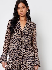 Threadbare Brown Leopard Print Chiffon Tie Front Blouse - Image 1 of 4