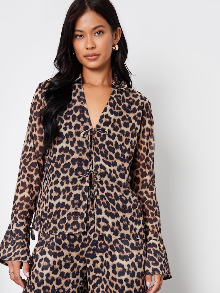 Threadbare Brown Leopard Print Chiffon Tie Front Blouse - Image 1 of 4