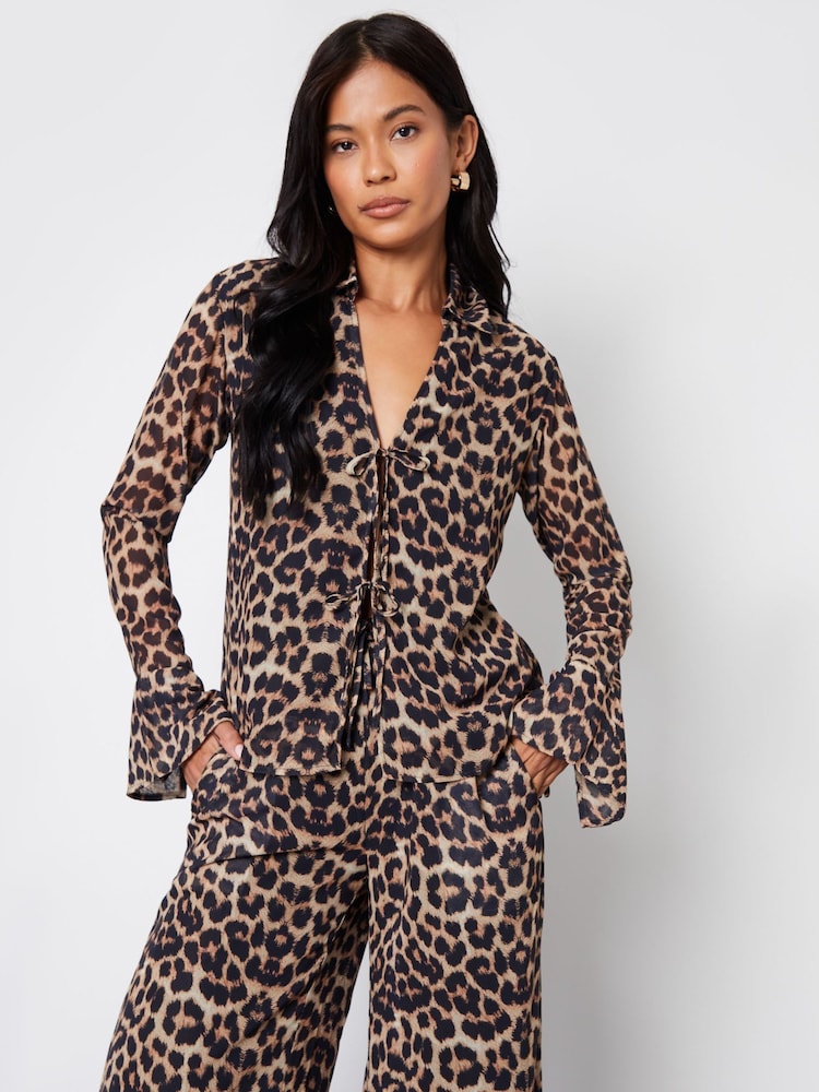 Threadbare Brown Leopard Print Chiffon Tie Front Blouse - Image 3 of 4