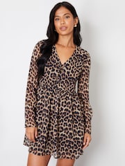 Threadbare Brown Mini Leopard Print Flared Chiffon Dress - Image 1 of 4