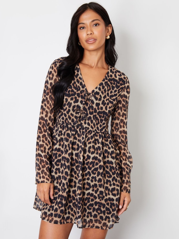 Threadbare Brown Mini Leopard Print Flared Chiffon Dress - Image 1 of 4