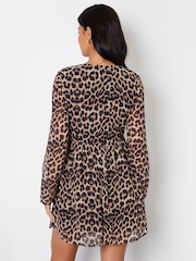 Threadbare Brown Mini Leopard Print Flared Chiffon Dress - Image 2 of 4