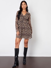 Threadbare Brown Mini Leopard Print Flared Chiffon Dress - Image 4 of 4