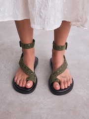 Khaki Green Suede Forever Comfort® Studded Toe Loop Sandals - Image 2 of 11
