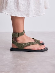 Khaki Green Suede Forever Comfort® Studded Toe Loop Sandals - Image 3 of 11