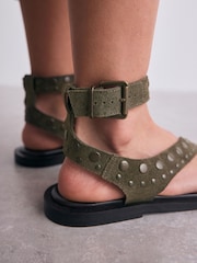 Khaki Green Suede Forever Comfort® Studded Toe Loop Sandals - Image 7 of 11