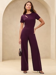 Lipsy Burgundy Red Short Sleeve Splice Jumpsuit - Image 1 of 4