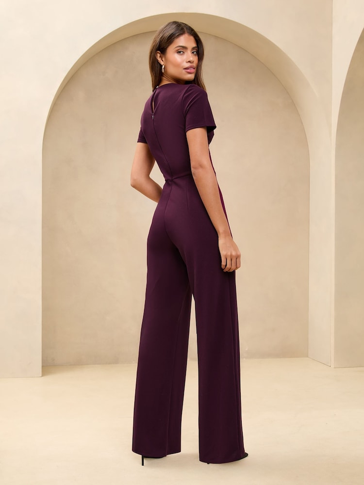 Lipsy Burgundy Red Short Sleeve Splice Jumpsuit - Image 4 of 4