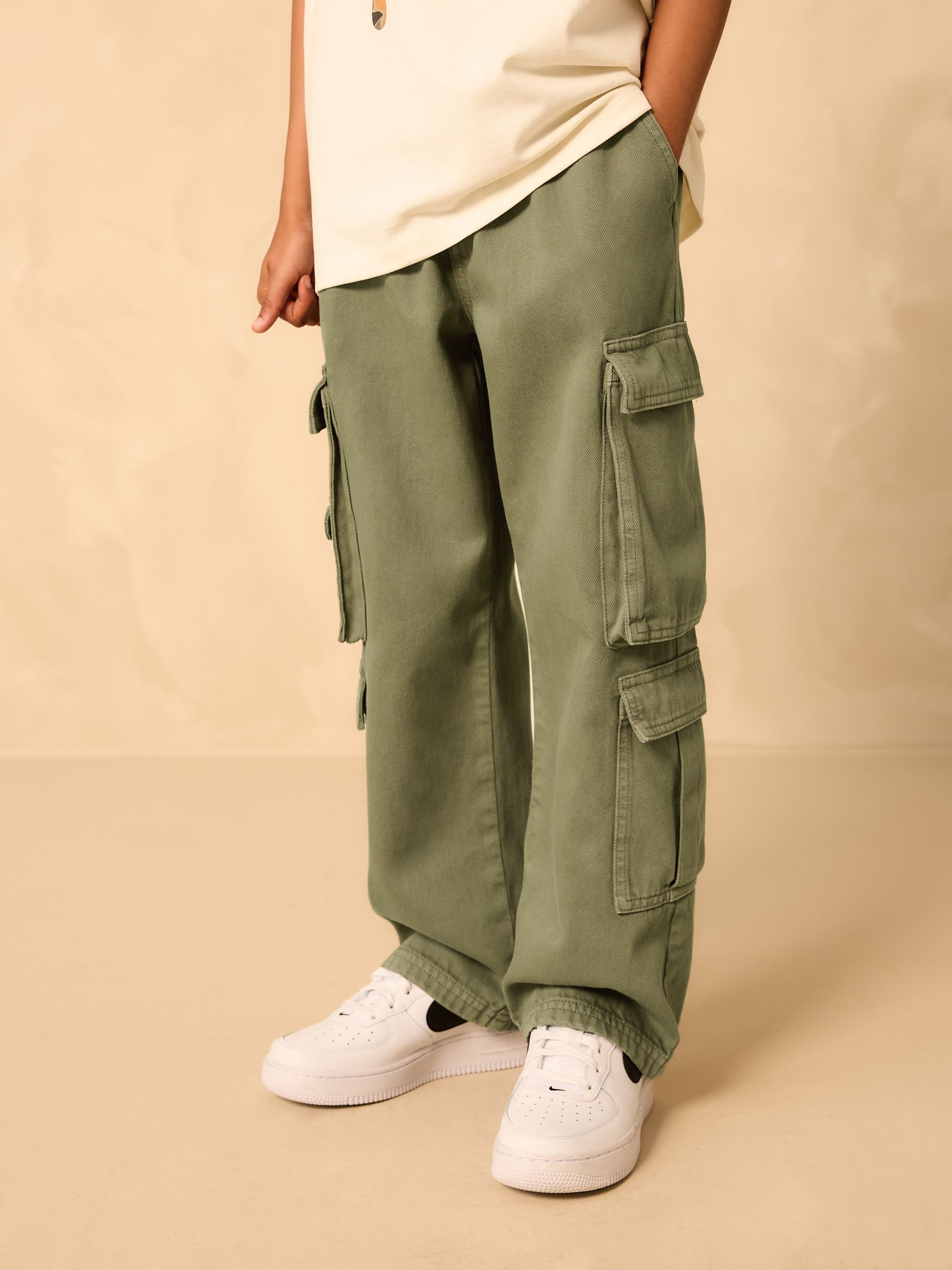 Buy Khaki Green Twill Woven Cotton Cargo Trousers (3-16yrs) from