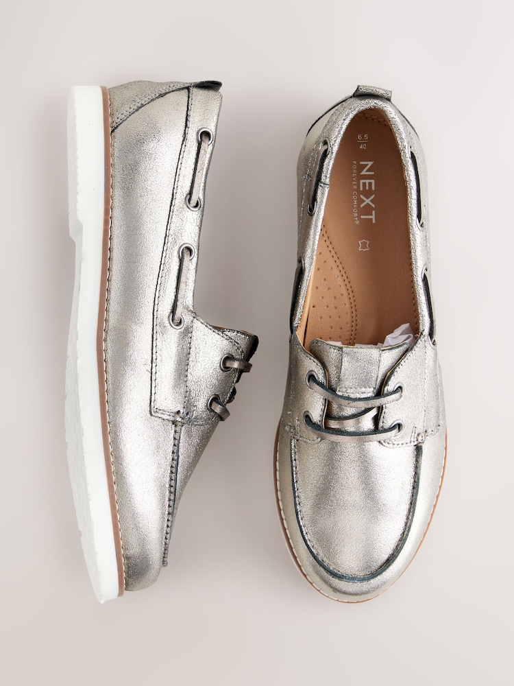 Gun Metal Forever Comfort® Leather Round Toe Lace Up Boat Shoes - Image 1 of 5
