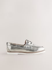 Gun Metal Forever Comfort® Leather Round Toe Lace Up Boat Shoes - Image 3 of 5