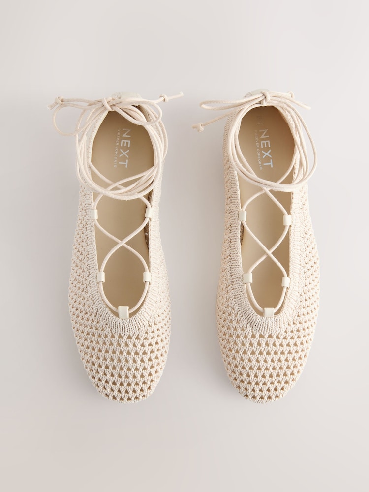 Ecru Forever Comfort® Round Toe Crochet Tie Up Ballerinas - Image 1 of 8