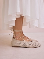 Ecru Forever Comfort® Round Toe Crochet Tie Up Ballerinas - Image 2 of 8