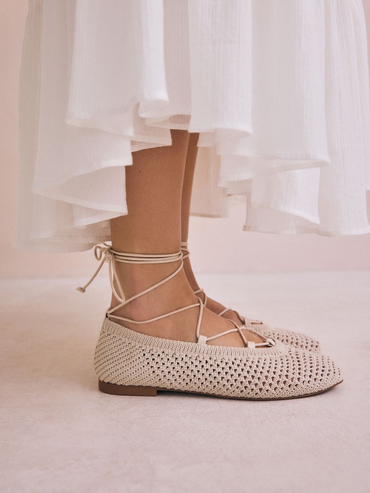 Ecru Forever Comfort® Round Toe Crochet Tie Up Ballerinas - Image 2 of 8
