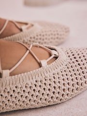 Ecru Forever Comfort® Round Toe Crochet Tie Up Ballerinas - Image 3 of 8