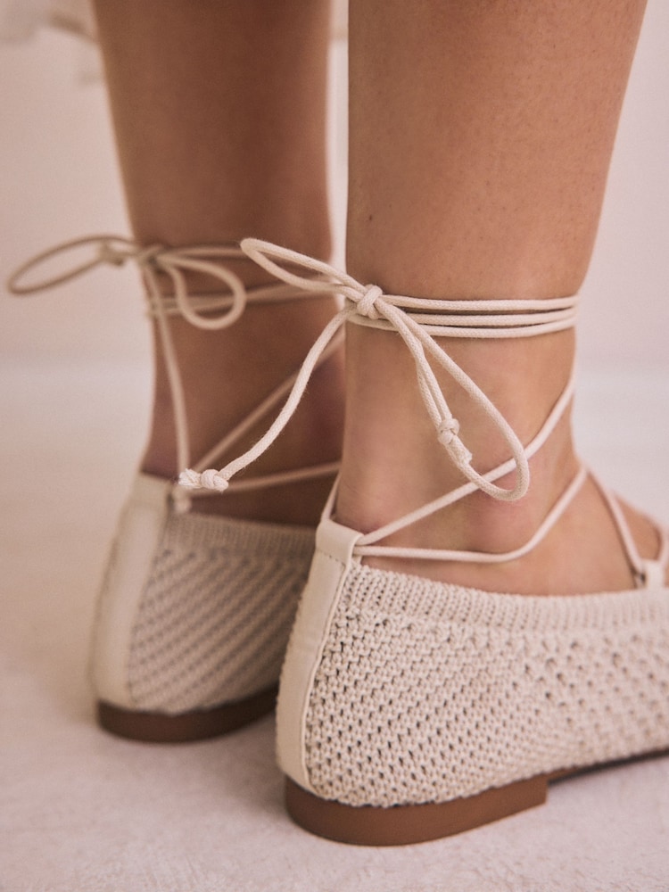 Ecru Forever Comfort® Round Toe Crochet Tie Up Ballerinas - Image 4 of 8