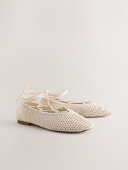 Ecru Forever Comfort® Round Toe Crochet Tie Up Ballerinas - Image 5 of 8