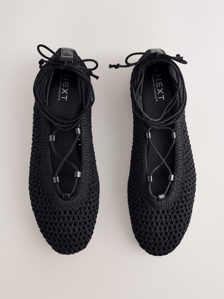 Black Forever Comfort® Round Toe Crochet Tie Up Ballerinas - Image 1 of 5