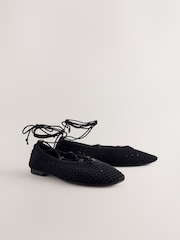 Black Forever Comfort® Round Toe Crochet Tie Up Ballerinas - Image 2 of 5